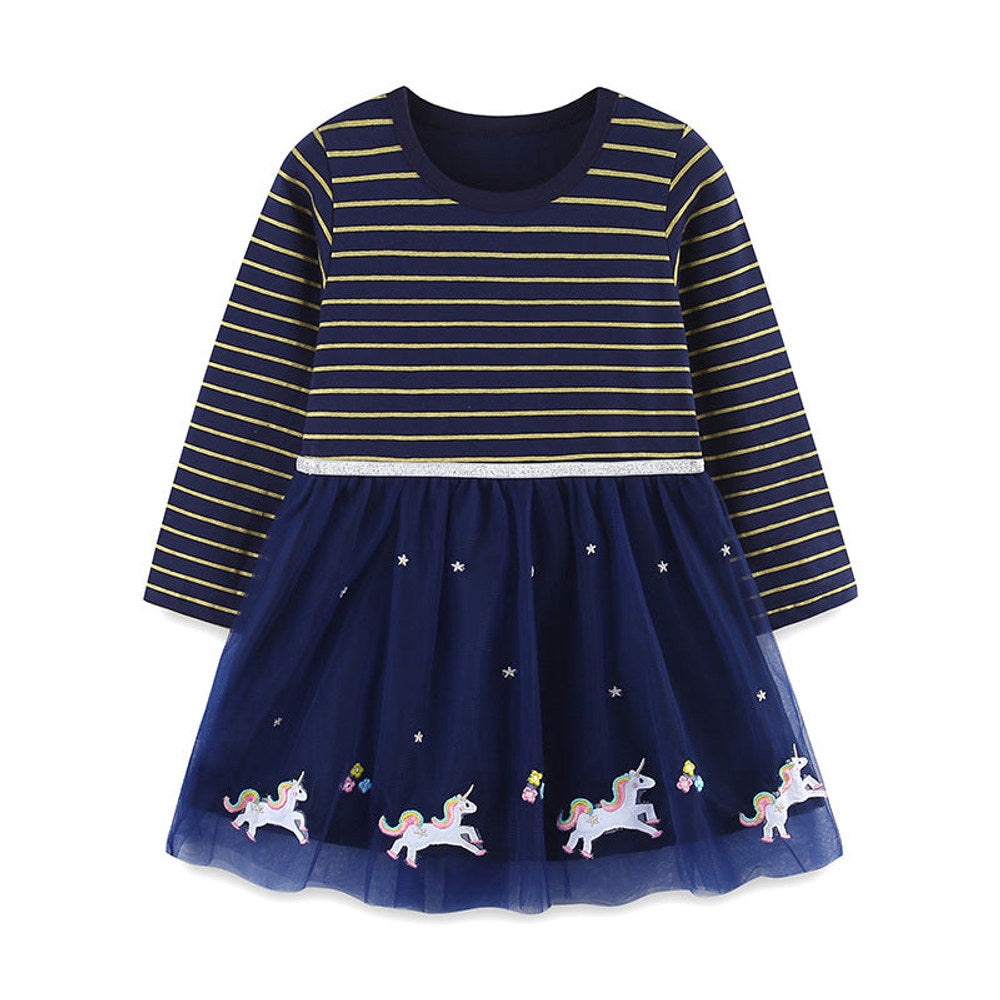 MyKids-USA® Striped Pattern Long Sleeves Tulle Patchwork Dress for Stylish Girls