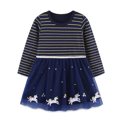 MyKids-USA® Striped Pattern Long Sleeves Tulle Patchwork Dress for Stylish Girls