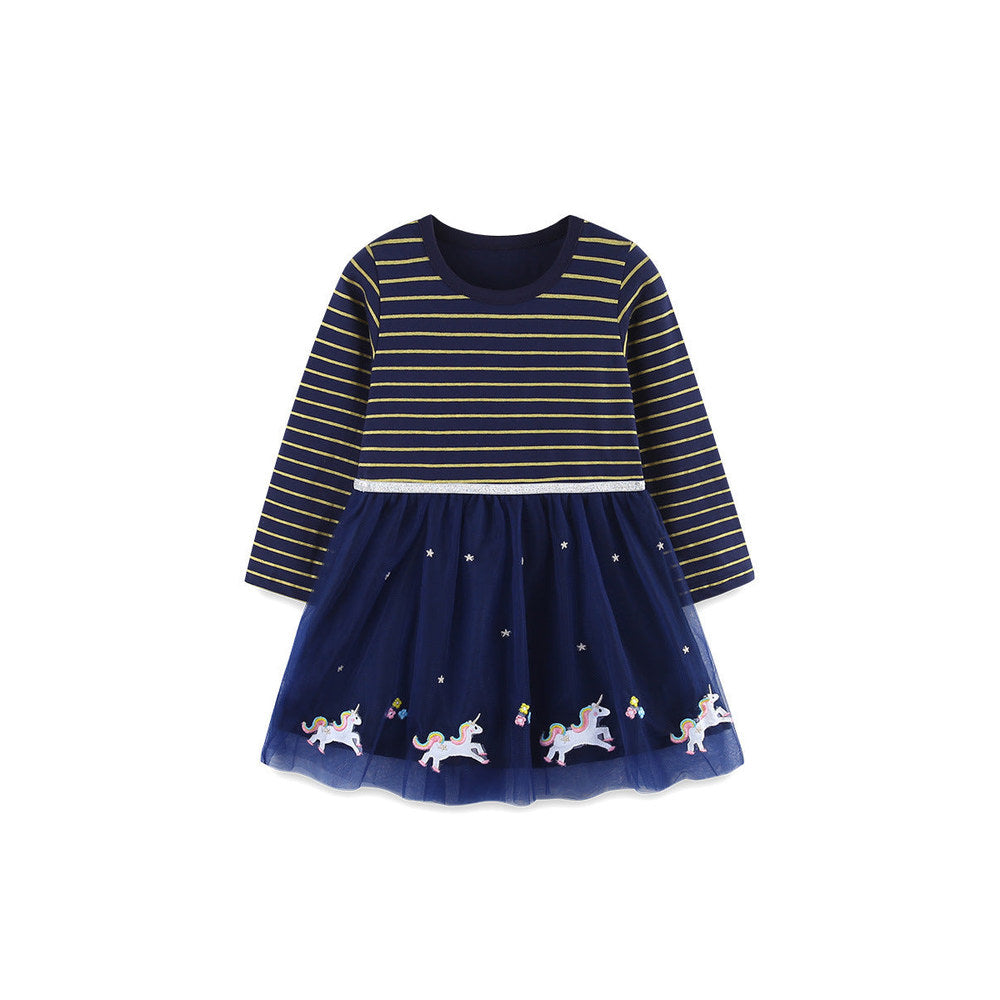 MyKids-USA® Striped Pattern Long Sleeves Tulle Patchwork Dress for Stylish Girls