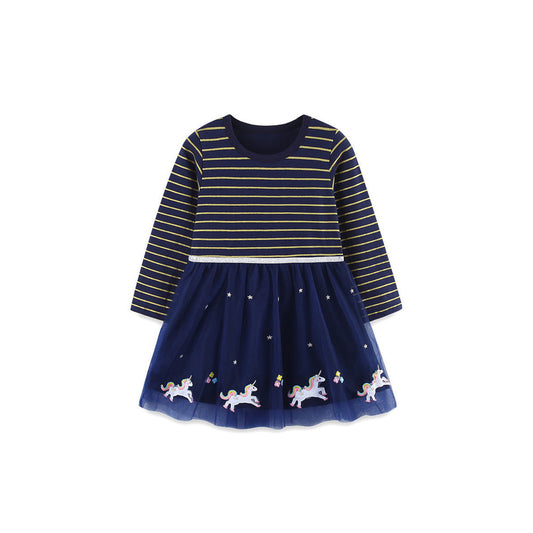 MyKids-USA® Striped Pattern Long Sleeves Tulle Patchwork Dress for Stylish Girls