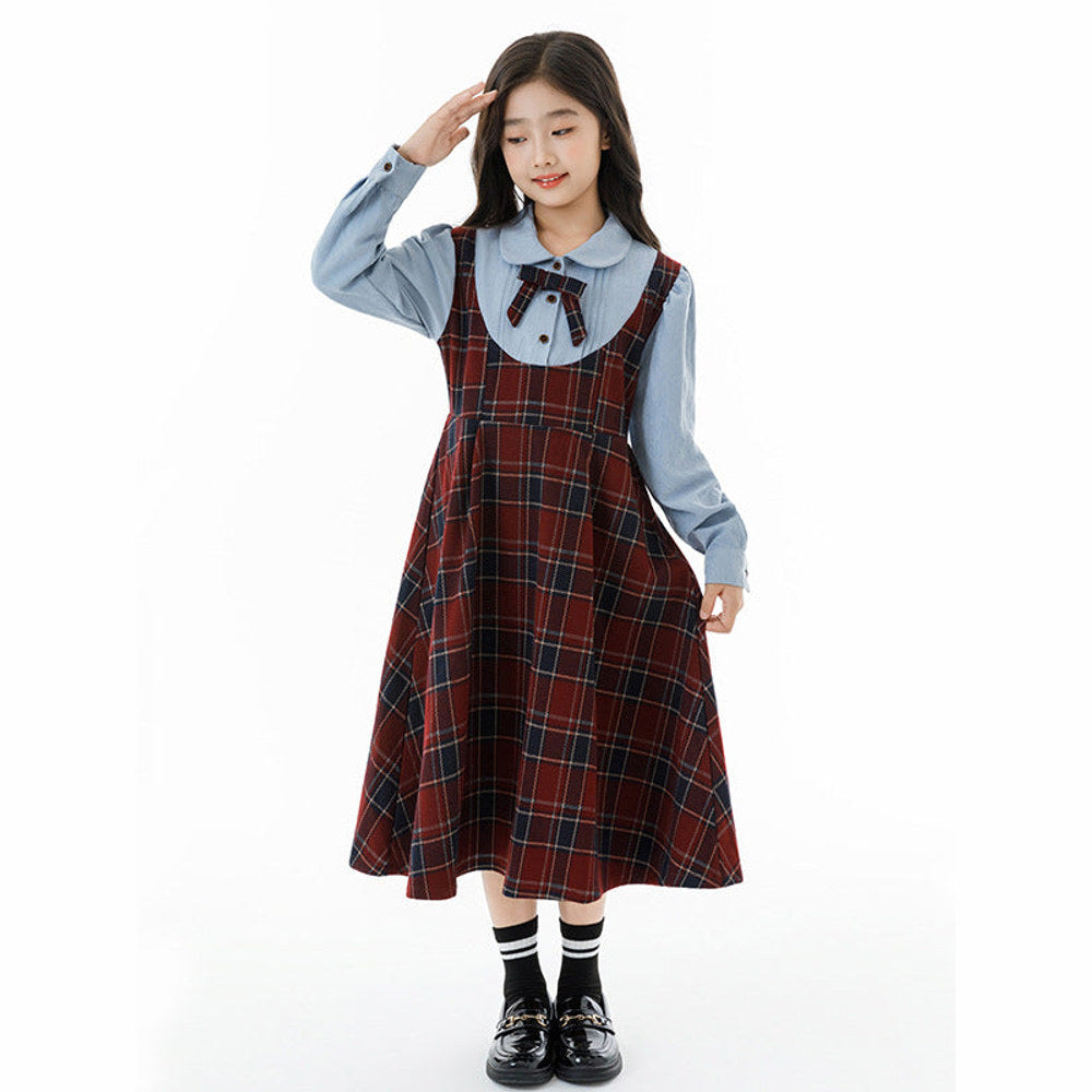 MyKids-USA® Long Sleeves Color Patchwork Preppy Plaid Pattern Dress for Stylish Girls