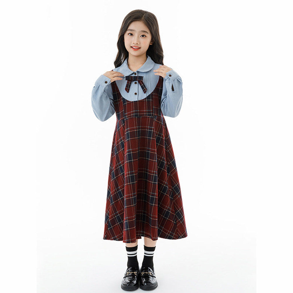 MyKids-USA® Long Sleeves Color Patchwork Preppy Plaid Pattern Dress for Stylish Girls