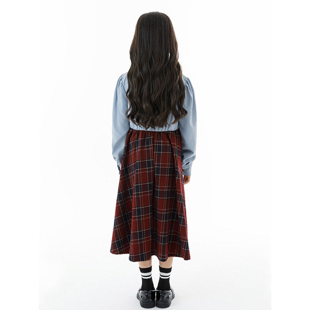 MyKids-USA® Long Sleeves Color Patchwork Preppy Plaid Pattern Dress for Stylish Girls