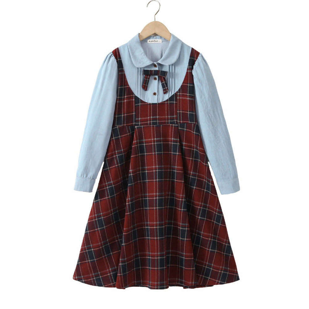 MyKids-USA® Long Sleeves Color Patchwork Preppy Plaid Pattern Dress for Stylish Girls