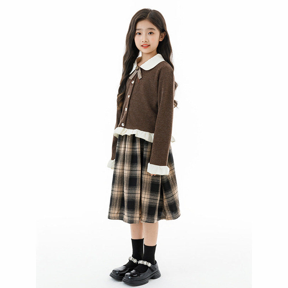 MyKids-USA® Kids Girls Long Sleeves Color Patchwork Cardigan and Plaid Skirt Clothing Set