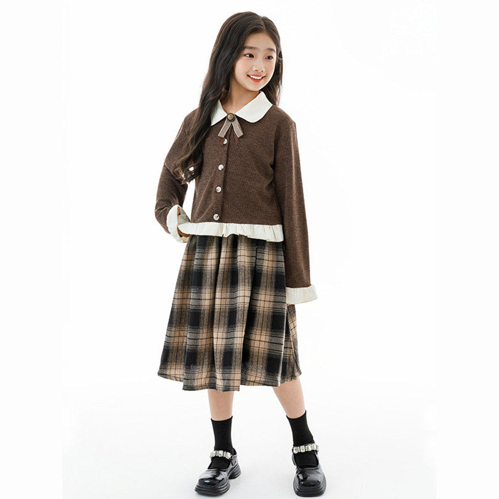 MyKids-USA® Kids Girls Long Sleeves Color Patchwork Cardigan and Plaid Skirt Clothing Set
