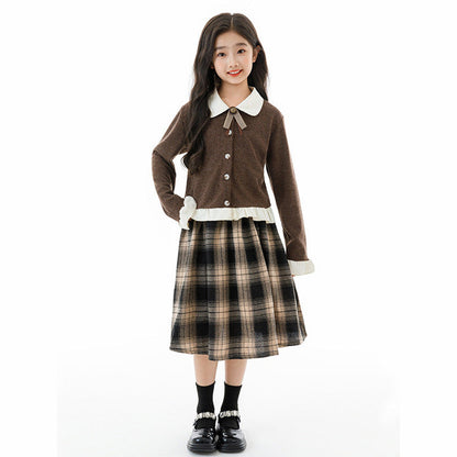 MyKids-USA® Kids Girls Long Sleeves Color Patchwork Cardigan and Plaid Skirt Clothing Set