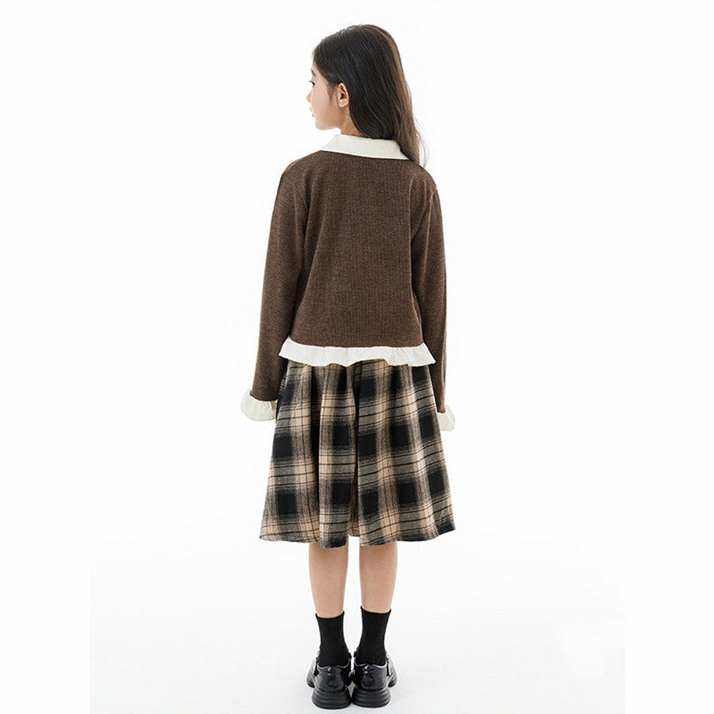 MyKids-USA® Kids Girls Long Sleeves Color Patchwork Cardigan and Plaid Skirt Clothing Set
