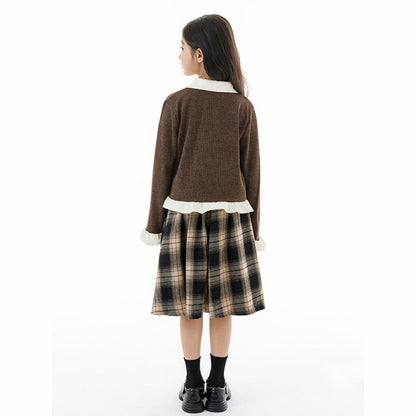 MyKids-USA® Kids Girls Long Sleeves Color Patchwork Cardigan and Plaid Skirt Clothing Set