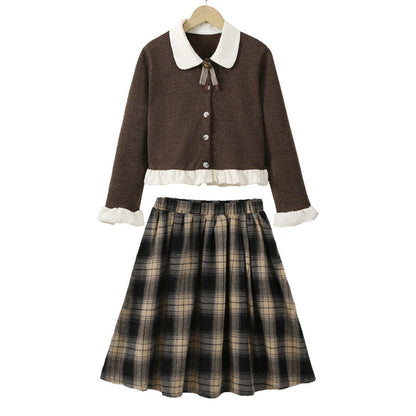 MyKids-USA® Kids Girls Long Sleeves Color Patchwork Cardigan and Plaid Skirt Clothing Set