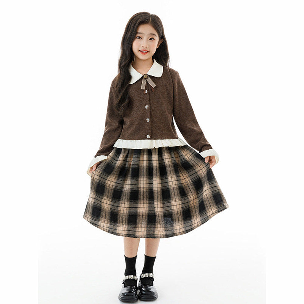 MyKids-USA® Kids Girls Long Sleeves Color Patchwork Cardigan and Plaid Skirt Clothing Set