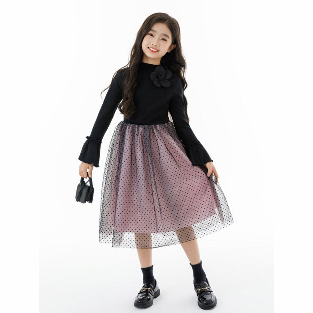MyKids-USA® Long Sleeves Color Patchwork Dots Pattern Tulle Dress for Stylish Girls