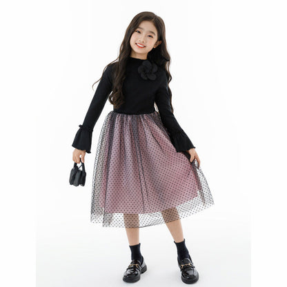 MyKids-USA® Long Sleeves Color Patchwork Dots Pattern Tulle Dress for Stylish Girls