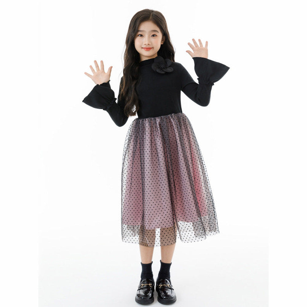 MyKids-USA® Long Sleeves Color Patchwork Dots Pattern Tulle Dress for Stylish Girls