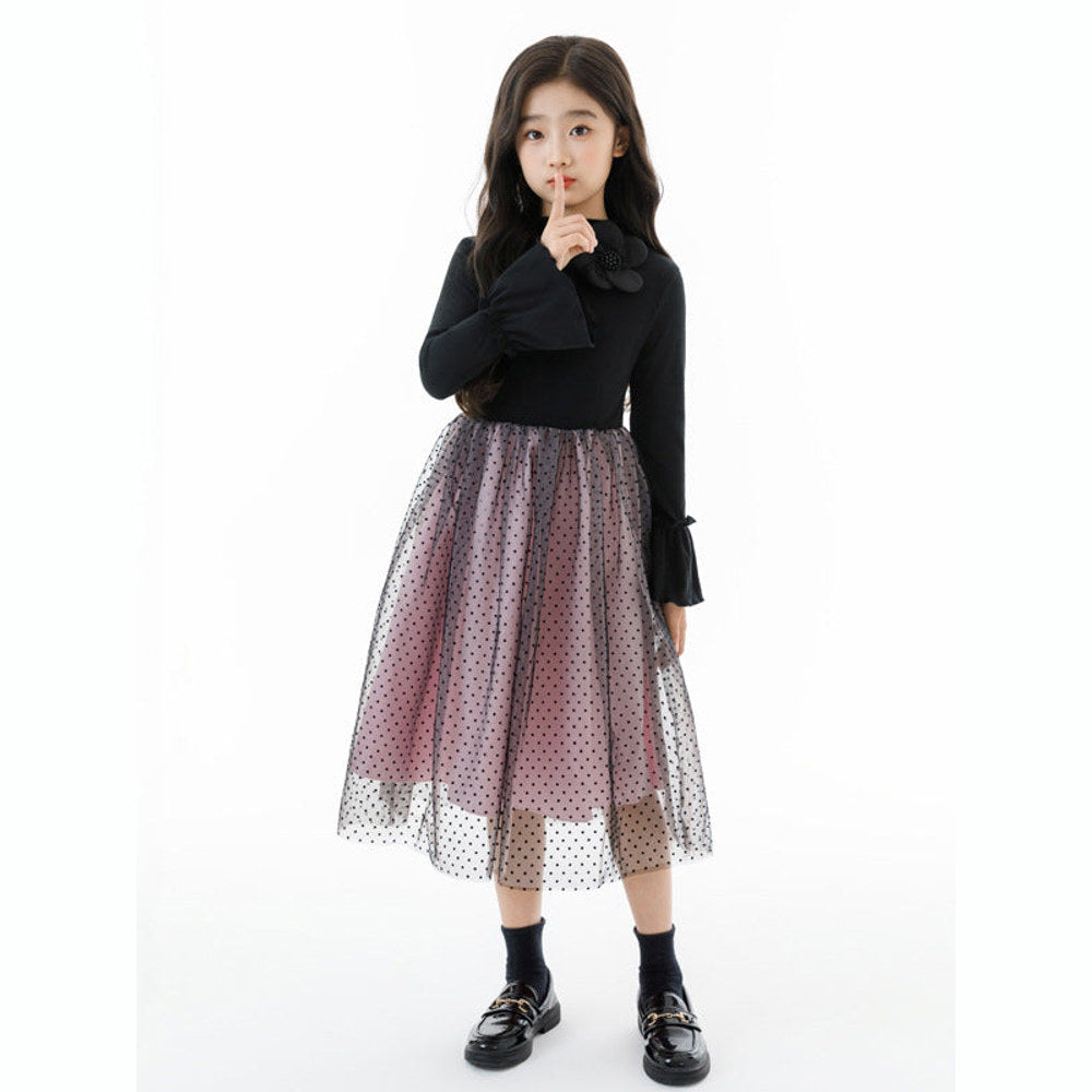 MyKids-USA® Long Sleeves Color Patchwork Dots Pattern Tulle Dress for Stylish Girls