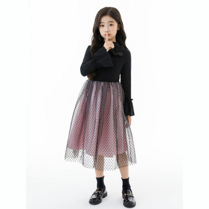 MyKids-USA® Long Sleeves Color Patchwork Dots Pattern Tulle Dress for Stylish Girls