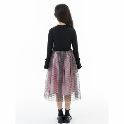 MyKids-USA® Long Sleeves Color Patchwork Dots Pattern Tulle Dress for Stylish Girls