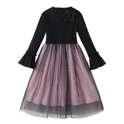 MyKids-USA® Long Sleeves Color Patchwork Dots Pattern Tulle Dress for Stylish Girls