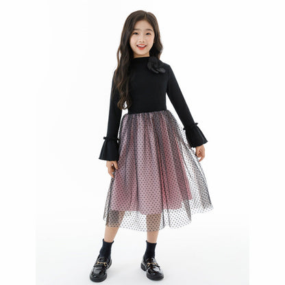 MyKids-USA® Long Sleeves Color Patchwork Dots Pattern Tulle Dress for Stylish Girls