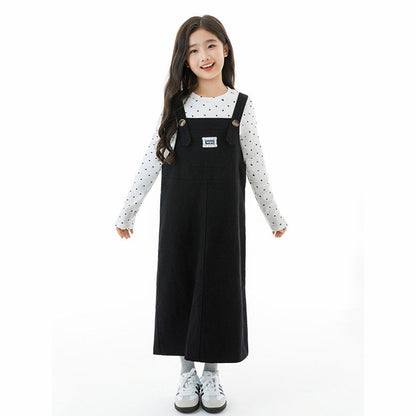 MyKids-USA® Kids Girls Long Sleeves Dots Pattern Top and Black Overalls Clothing Set