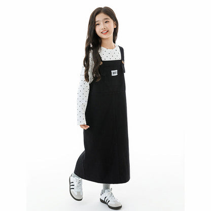 MyKids-USA® Kids Girls Long Sleeves Dots Pattern Top and Black Overalls Clothing Set