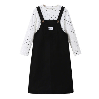 MyKids-USA® Kids Girls Long Sleeves Dots Pattern Top and Black Overalls Clothing Set