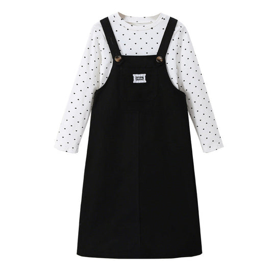 MyKids-USA® Kids Girls Long Sleeves Dots Pattern Top and Black Overalls Clothing Set