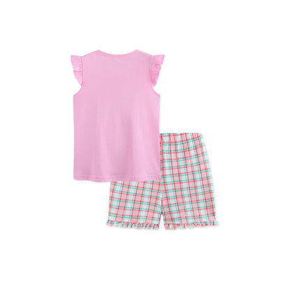 MyKids-USA® Baby Kids Girls Fly Sleeves Cartoon Pattern Vest and Plaid Shorts Clothing Set