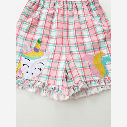 MyKids-USA® Baby Kids Girls Fly Sleeves Cartoon Pattern Vest and Plaid Shorts Clothing Set