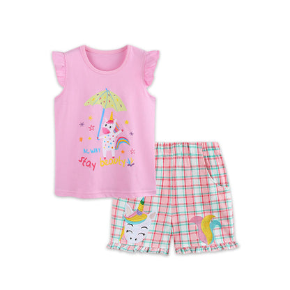 MyKids-USA® Baby Kids Girls Fly Sleeves Cartoon Pattern Vest and Plaid Shorts Clothing Set
