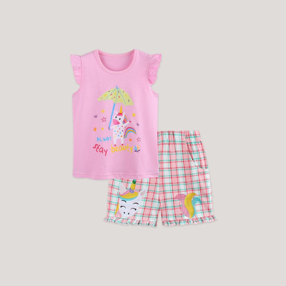 MyKids-USA® Baby Kids Girls Fly Sleeves Cartoon Pattern Vest and Plaid Shorts Clothing Set