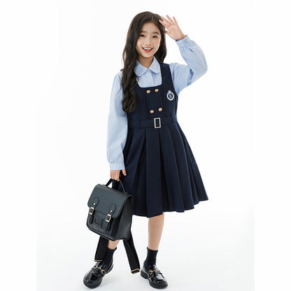 MyKids-USA® Kids Girls Long Sleeves Solid Color Shirt and Preppy Sleeveless Dress Clothing Set