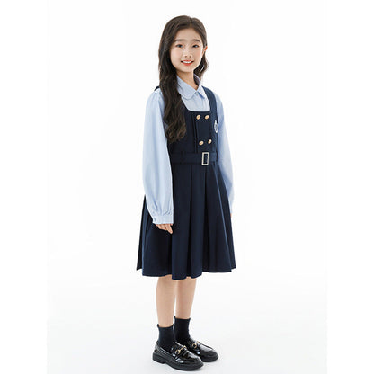 MyKids-USA® Kids Girls Long Sleeves Solid Color Shirt and Preppy Sleeveless Dress Clothing Set
