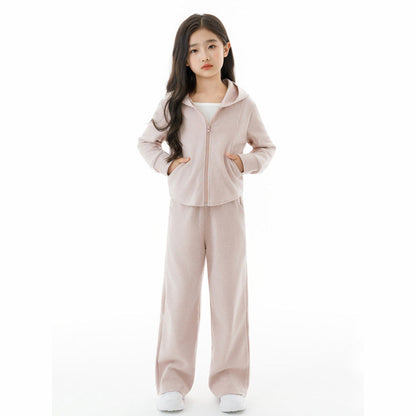 MyKids-USA® Kids Girls White Top, Long Sleeves Solid Color Zip-up Hooded Coat and Simple Pants Clothing Set