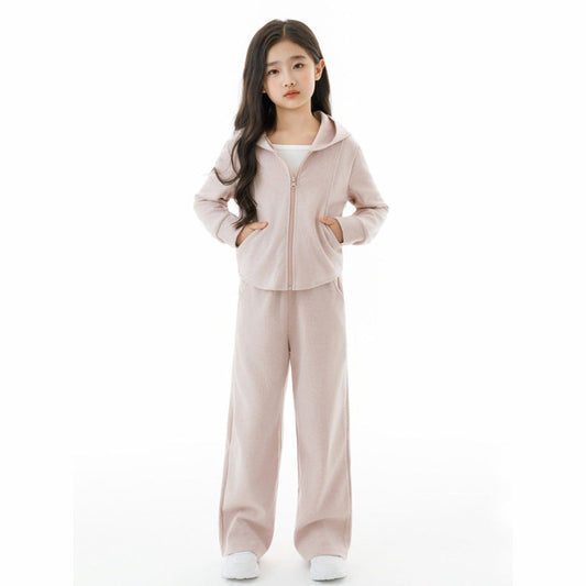 MyKids-USA® Kids Girls White Top, Long Sleeves Solid Color Zip-up Hooded Coat and Simple Pants Clothing Set