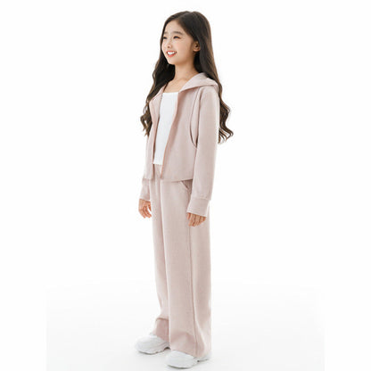 MyKids-USA® Kids Girls White Top, Long Sleeves Solid Color Zip-up Hooded Coat and Simple Pants Clothing Set