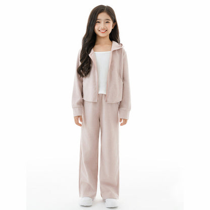 MyKids-USA® Kids Girls White Top, Long Sleeves Solid Color Zip-up Hooded Coat and Simple Pants Clothing Set