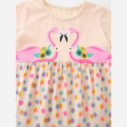 MyKids-USA® Cute Birds Cartoon Pattern Short Sleeves Floral Dress