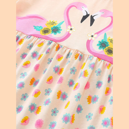 MyKids-USA® Cute Birds Cartoon Pattern Short Sleeves Floral Dress