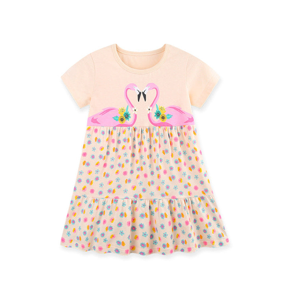 MyKids-USA® Cute Birds Cartoon Pattern Short Sleeves Floral Dress