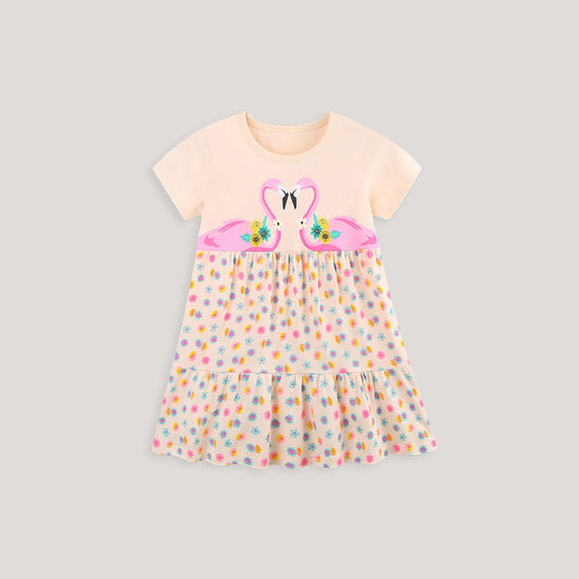 MyKids-USA® Cute Birds Cartoon Pattern Short Sleeves Floral Dress