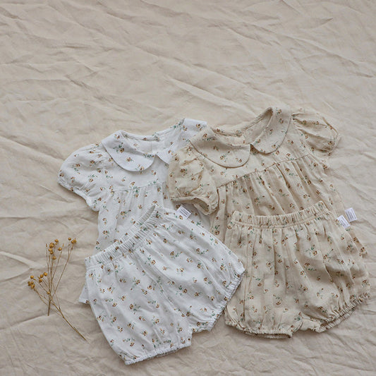 MyKids-USA® Baby Kids Girls Short Sleeves Peter Pan Collar Top and Shorts Floral Clothing Set