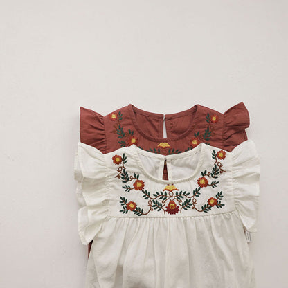 MyKids-USA® Baby Girls Fly Sleeves Flowers Pattern Embroidered Bodysuit
