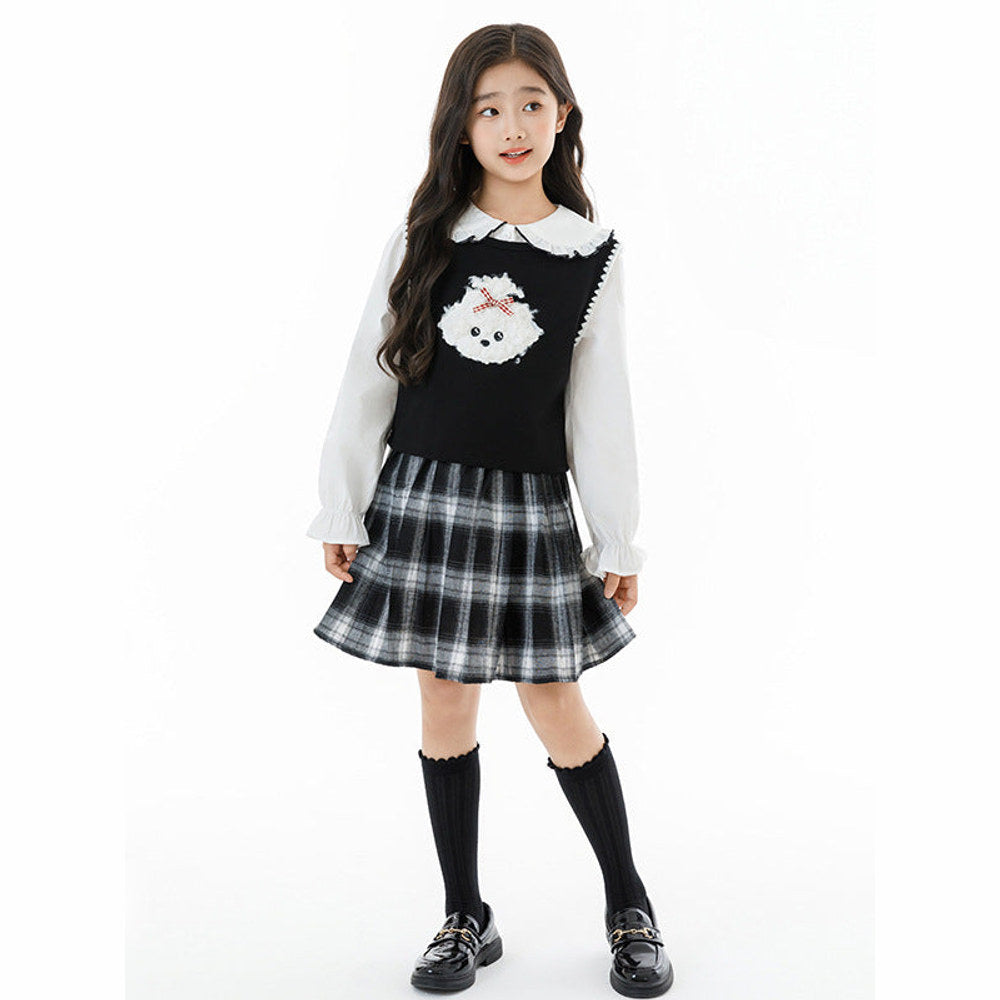 MyKids-USA® Kids Girls White Top, Sleeveless Vest and Plaid Skirt Clothing Set