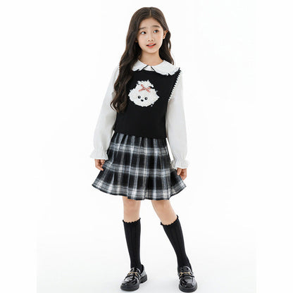 MyKids-USA® Kids Girls White Top, Sleeveless Vest and Plaid Skirt Clothing Set