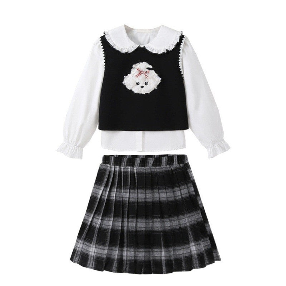 MyKids-USA® Kids Girls White Top, Sleeveless Vest and Plaid Skirt Clothing Set