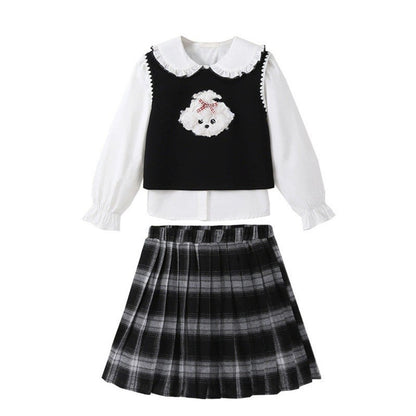 MyKids-USA® Kids Girls White Top, Sleeveless Vest and Plaid Skirt Clothing Set