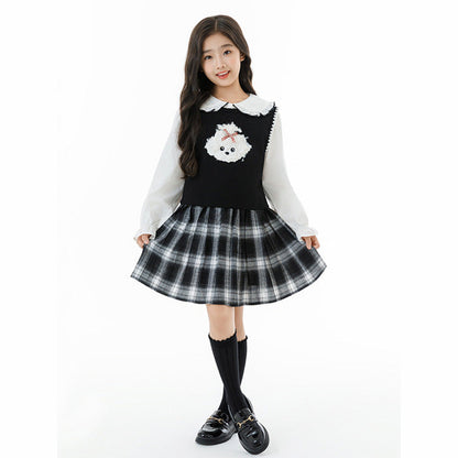 MyKids-USA® Kids Girls White Top, Sleeveless Vest and Plaid Skirt Clothing Set