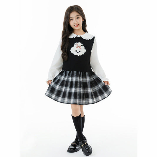 MyKids-USA® Kids Girls White Top, Sleeveless Vest and Plaid Skirt Clothing Set