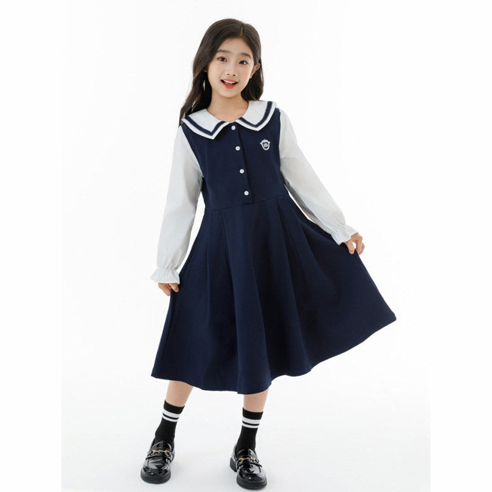 MyKids-USA® Long Sleeves Color Patchwork Preppy One-Piece Navy Collar Dress for Stylish Girls